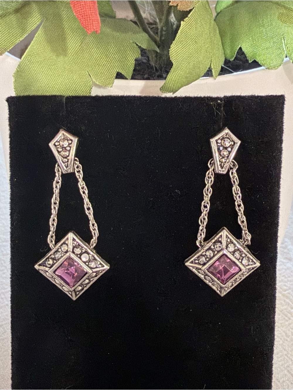 AVON Vintage Silver Tone Dangle Drop Geometric Chain Earrings with Stone